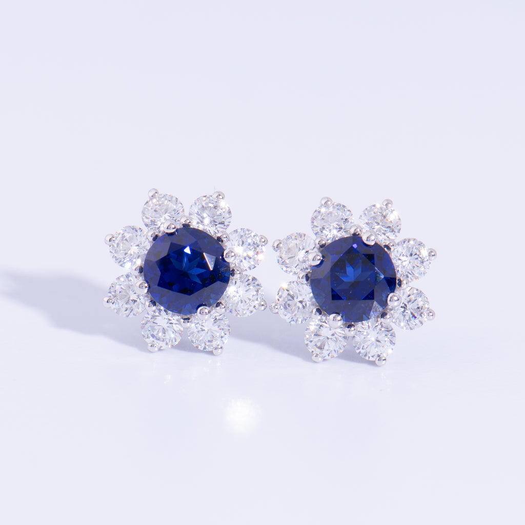 Lab Grown Blue Sapphire Stud Earrings · 3.08ct · Moissanite Halo · Sterling Silver