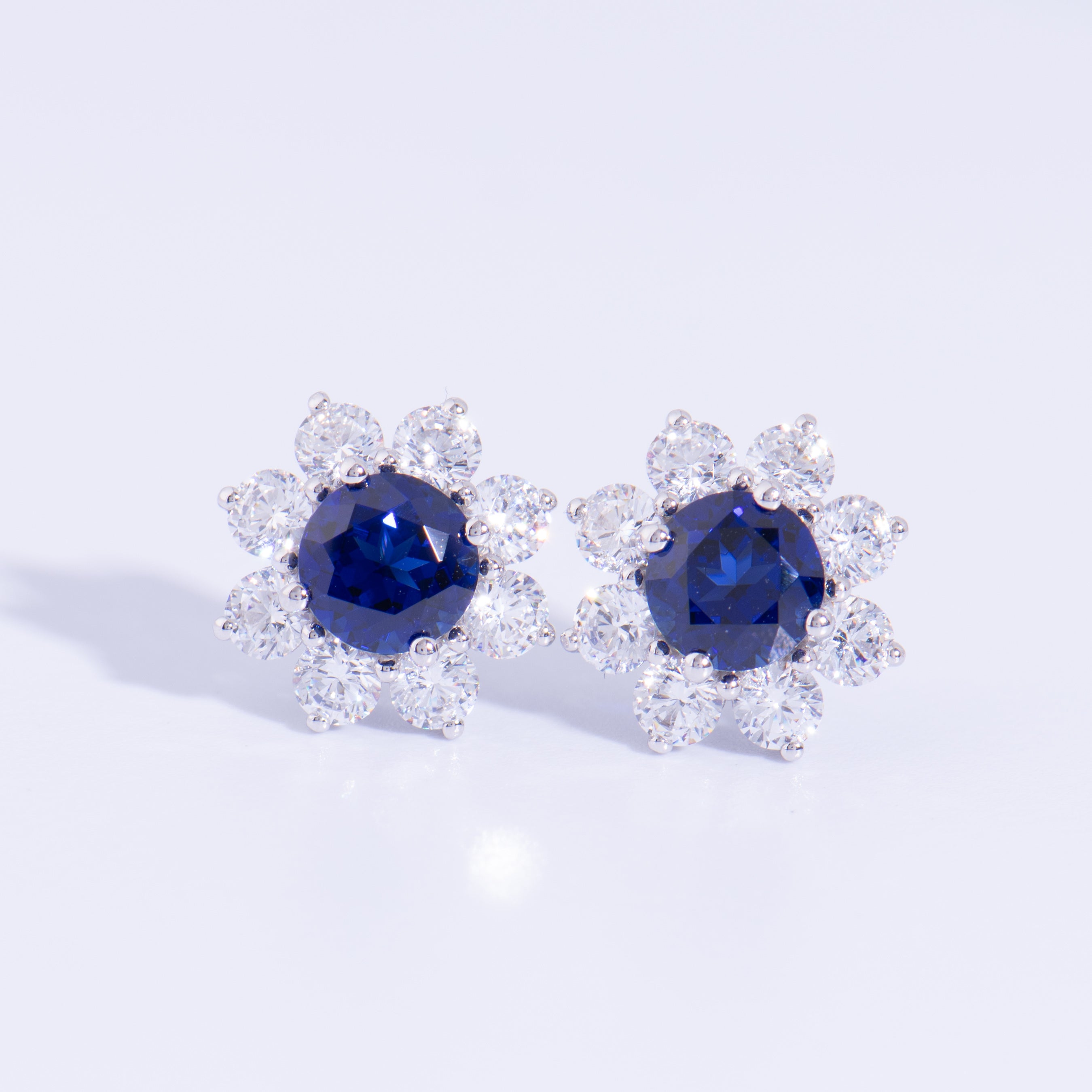 Lab Grown Blue Sapphire Stud Earrings · 3.08ct · Moissanite Halo · Sterling Silver