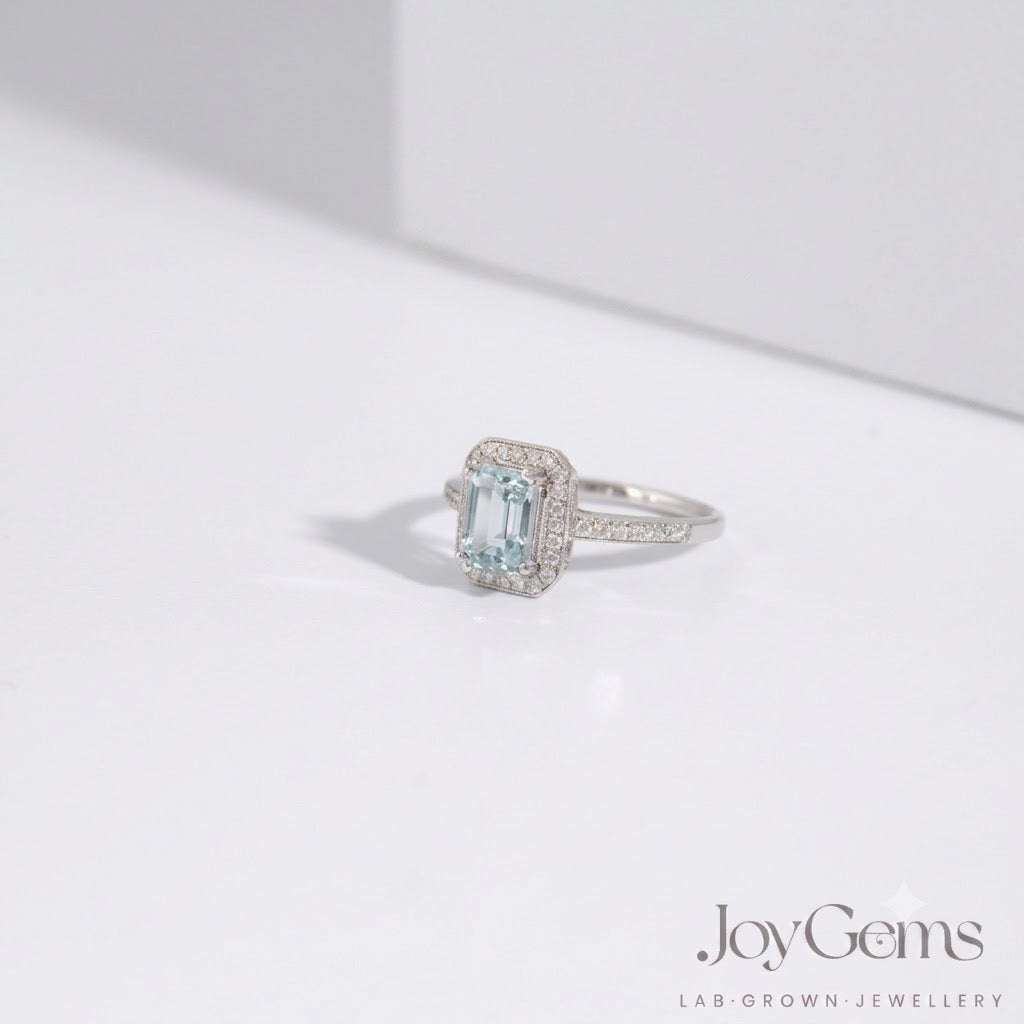 Lab Grown Aquamarine Ring · 1.37ct Emerald Cut · Moissanite Halo · Sterling Silver