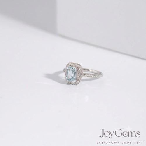 Lab Grown Aquamarine Ring · 1.37ct Emerald Cut · Moissanite Halo · Sterling Silver