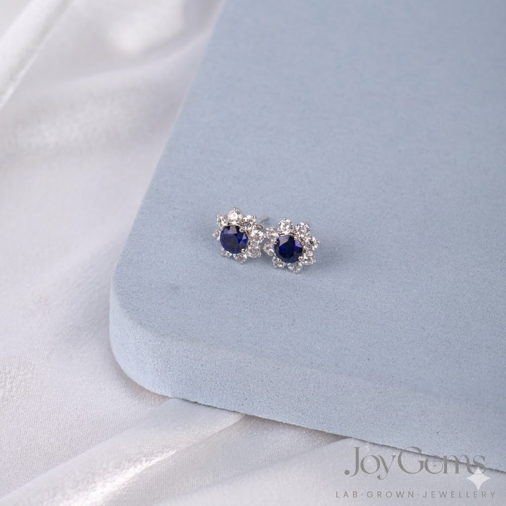 Lab Grown Blue Sapphire Stud Earrings · 3.08ct · Moissanite Halo · Sterling Silver