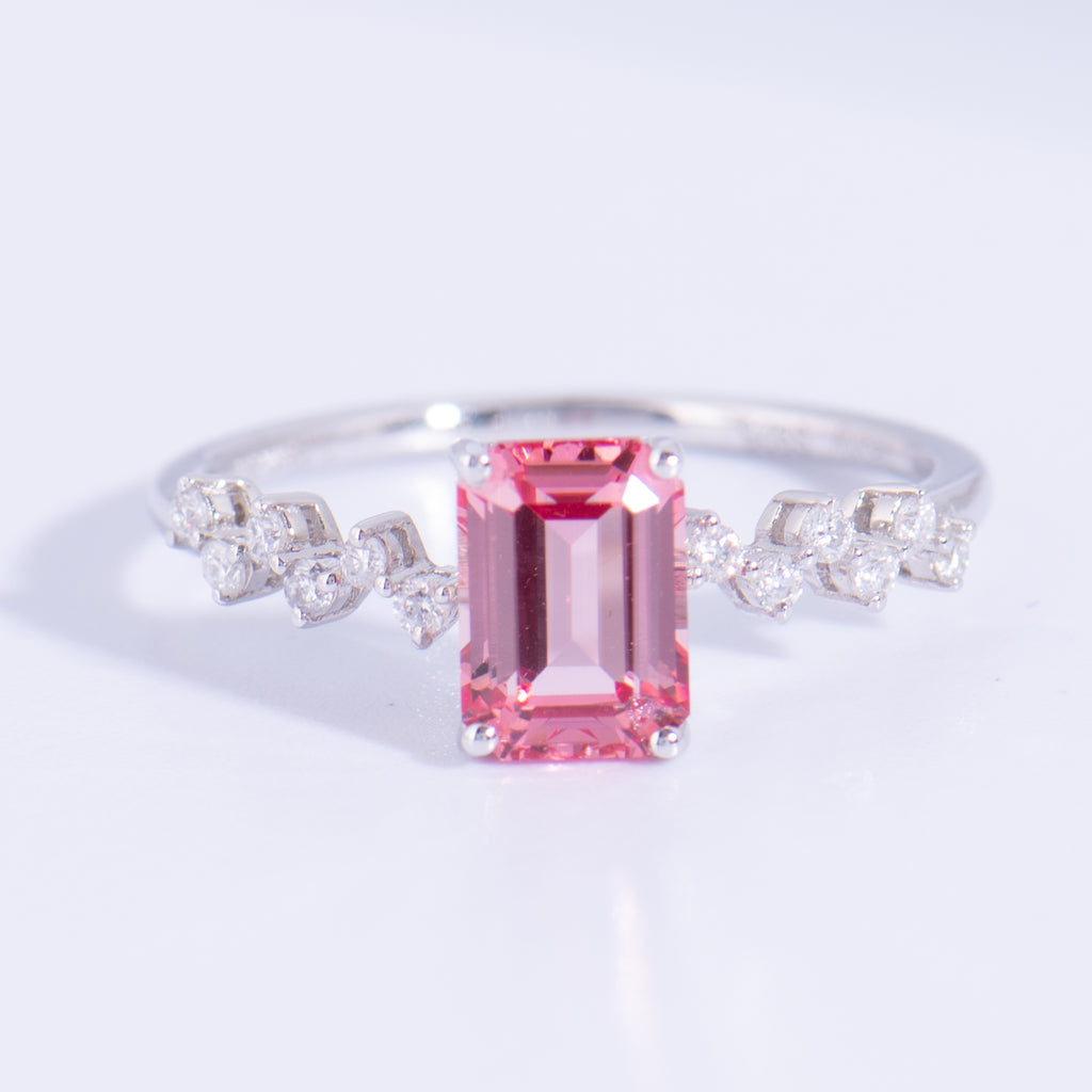 Lab Grown Pink Sapphire Ring · 1.39ct Emerald Cut · Moissanite Cluster · Sterling Silver