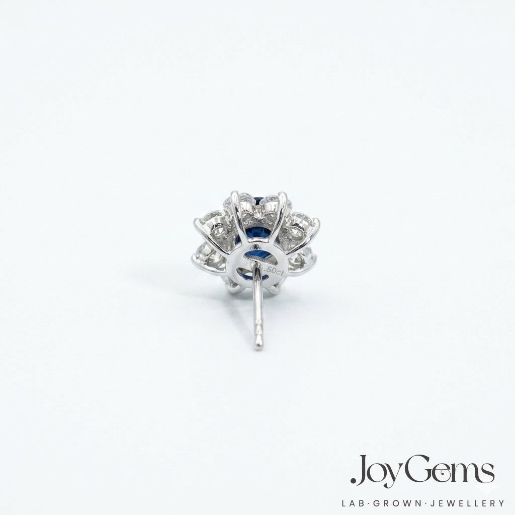 Lab Grown Blue Sapphire Stud Earrings · 3.08ct · Moissanite Halo · Sterling Silver
