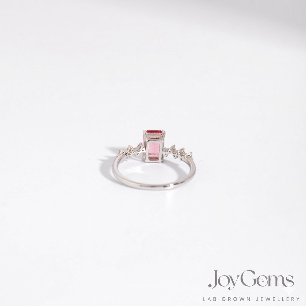 Lab Grown Pink Sapphire Ring · 1.39ct Emerald Cut · Moissanite Cluster · Sterling Silver