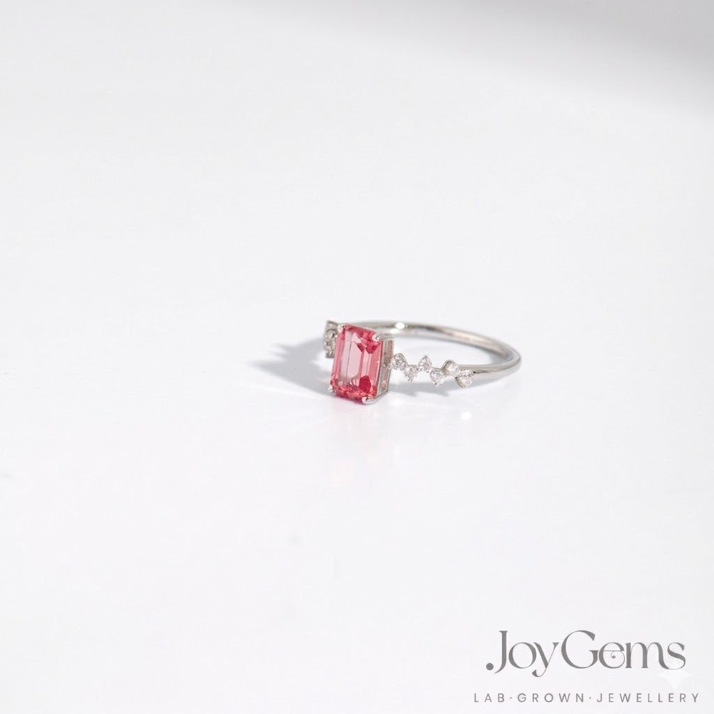 Lab Grown Pink Sapphire Ring · 1.39ct Emerald Cut · Moissanite Cluster · Sterling Silver