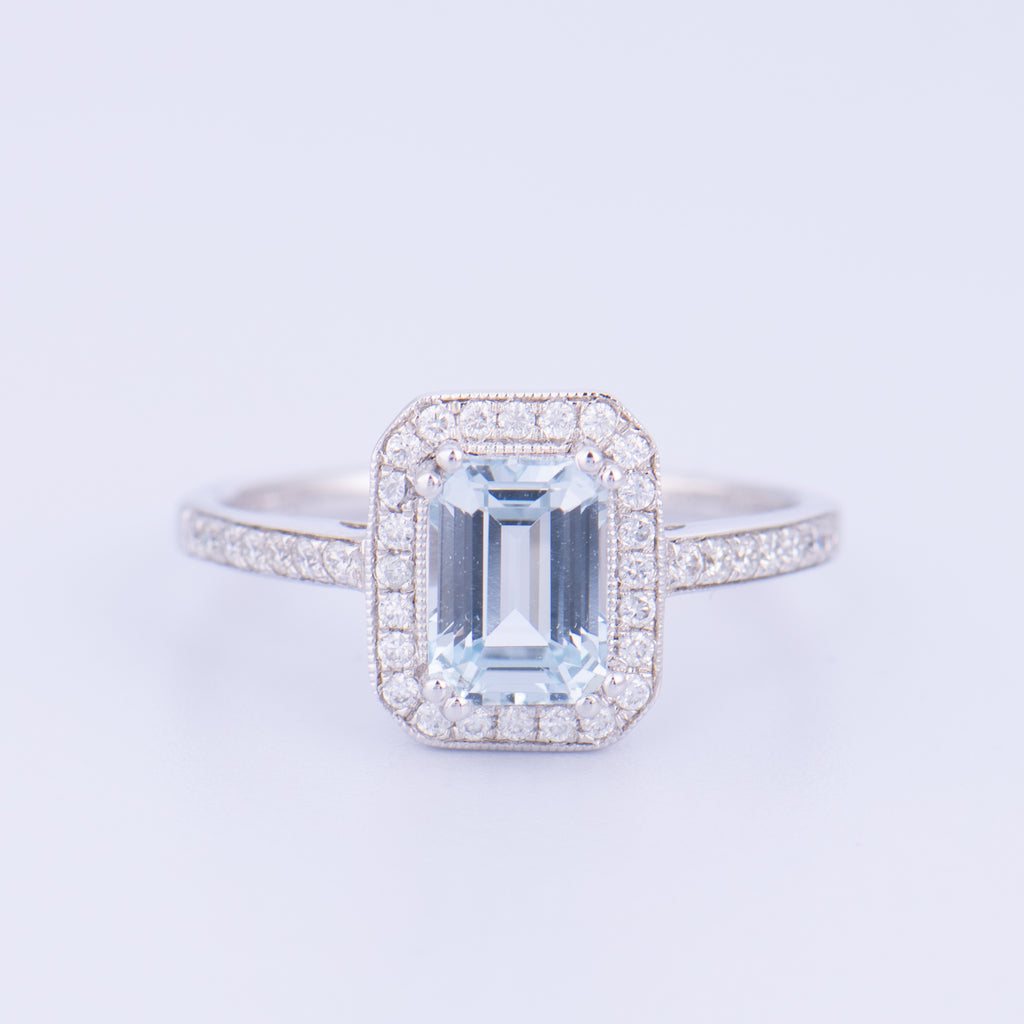 Lab Grown Aquamarine Ring · 1.37ct Emerald Cut · Moissanite Halo · Sterling Silver