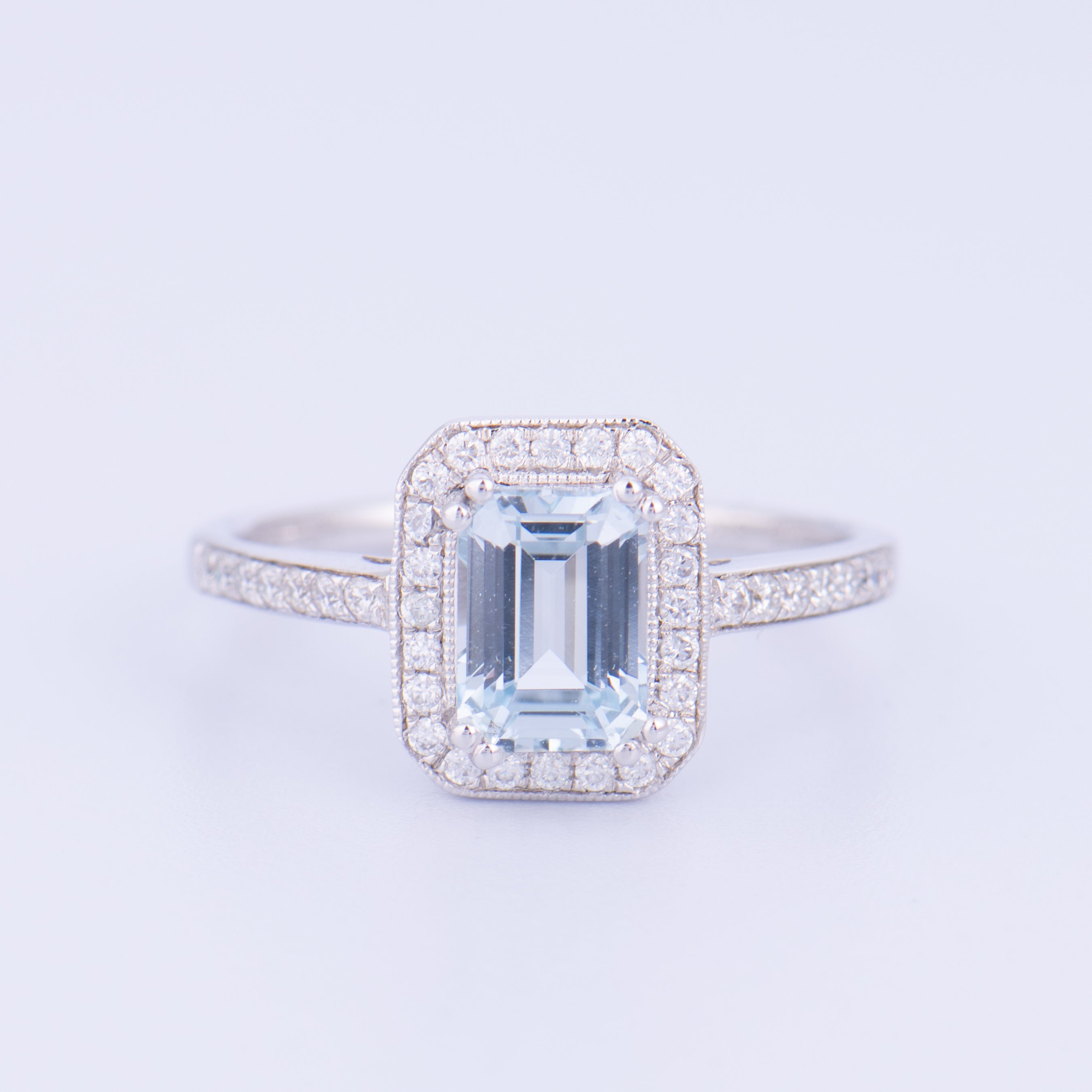 Lab Grown Aquamarine Ring · 1.37ct Emerald Cut · Moissanite Halo · Sterling Silver