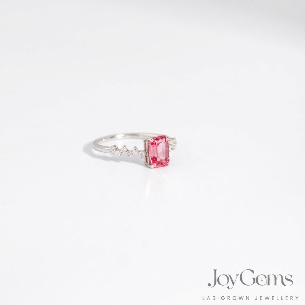 Lab Grown Pink Sapphire Ring · 1.39ct Emerald Cut · Moissanite Cluster · Sterling Silver