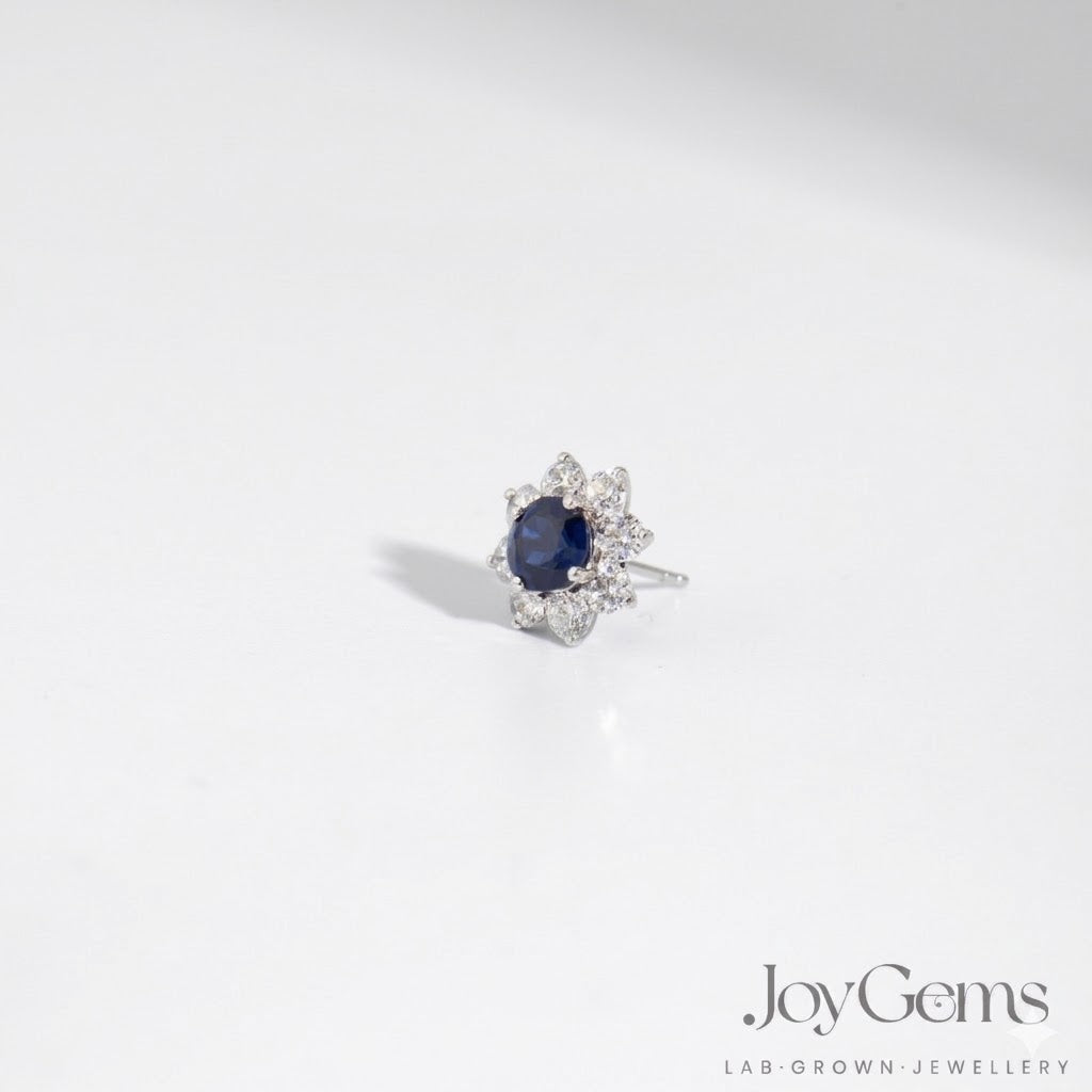 Lab Grown Blue Sapphire Stud Earrings · 3.08ct · Moissanite Halo · Sterling Silver