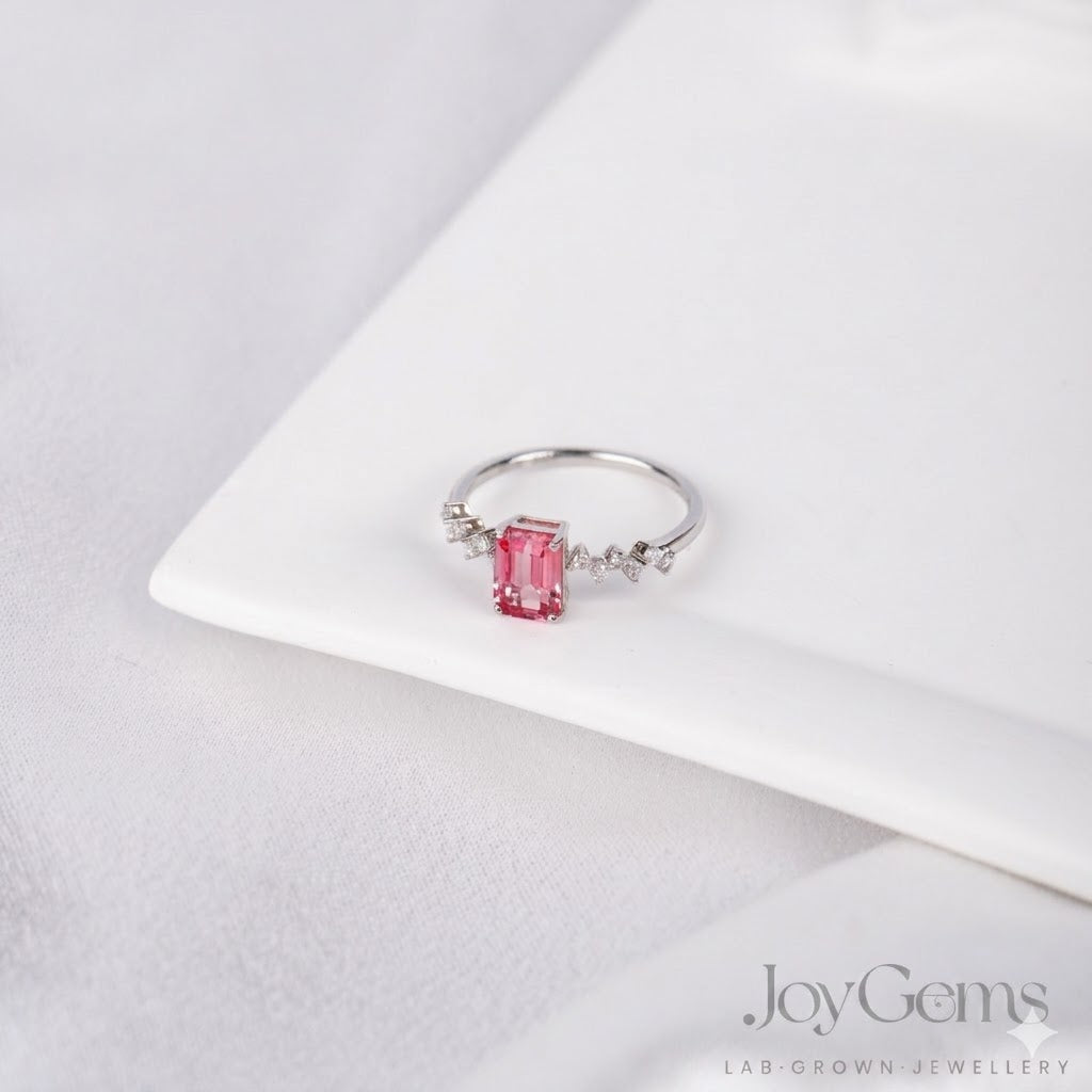 Lab Grown Pink Sapphire Ring · 1.39ct Emerald Cut · Moissanite Cluster · Sterling Silver