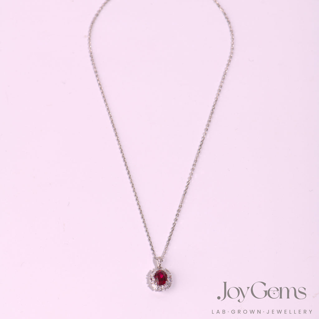 Lab Ruby & Moissanite Sunburst Pendant Necklace | 925 Sterling Silver | 1.02ct Oval Lab-Grown Ruby