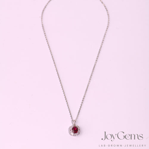 Lab Ruby & Moissanite Sunburst Pendant Necklace | 925 Sterling Silver | 1.02ct Oval Lab-Grown Ruby