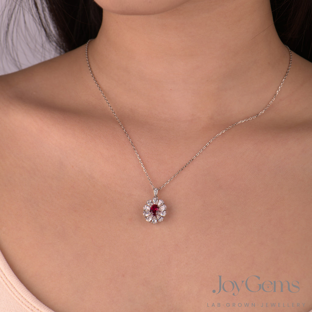 Lab Ruby & Moissanite Sunburst Pendant Necklace | 925 Sterling Silver | 1.02ct Oval Lab-Grown Ruby