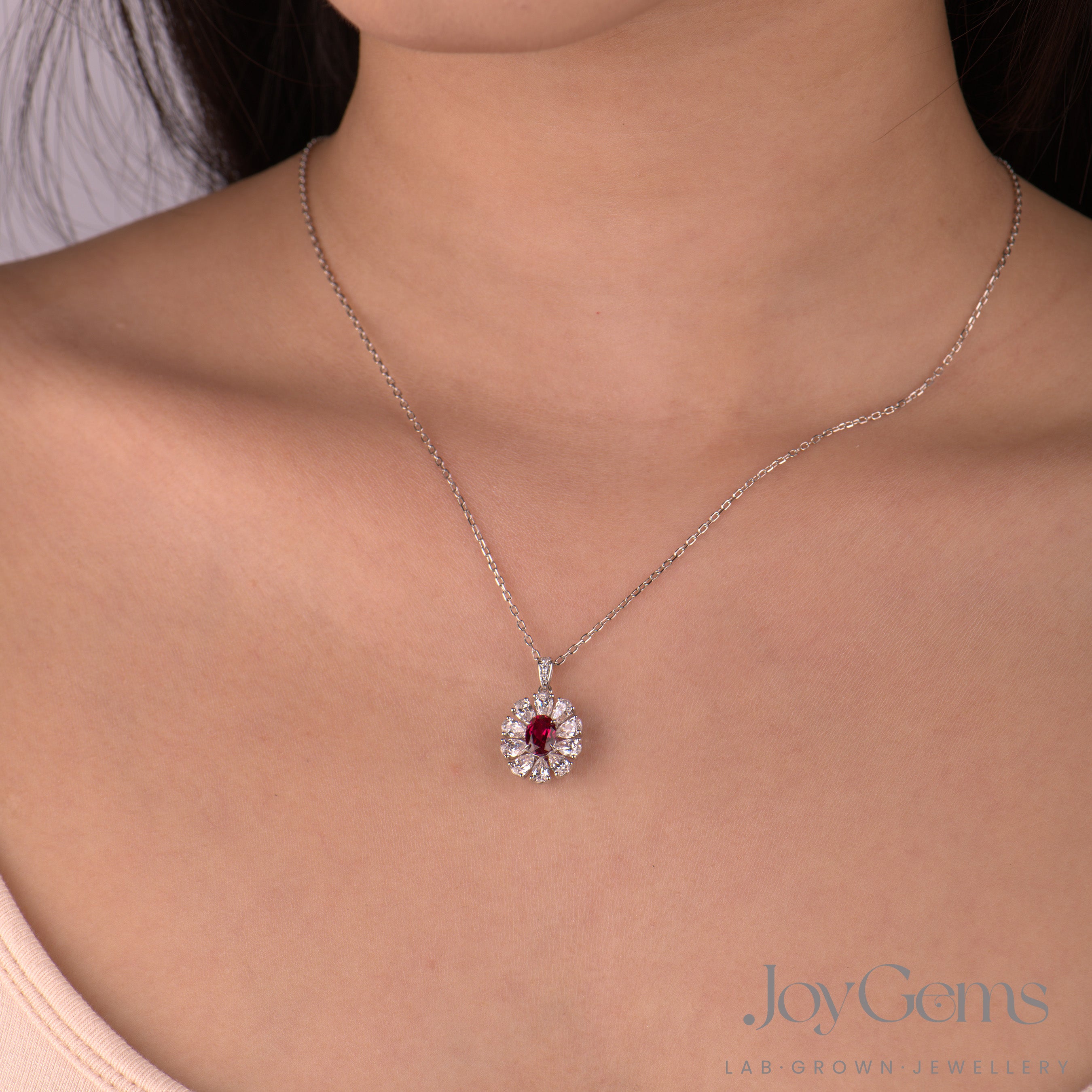 Lab Ruby & Moissanite Sunburst Pendant Necklace | 925 Sterling Silver | 1.02ct Oval Lab-Grown Ruby
