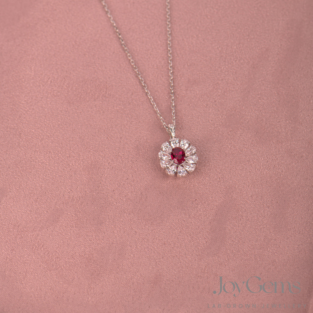 Lab Ruby & Moissanite Sunburst Pendant Necklace | 925 Sterling Silver | 1.02ct Oval Lab-Grown Ruby