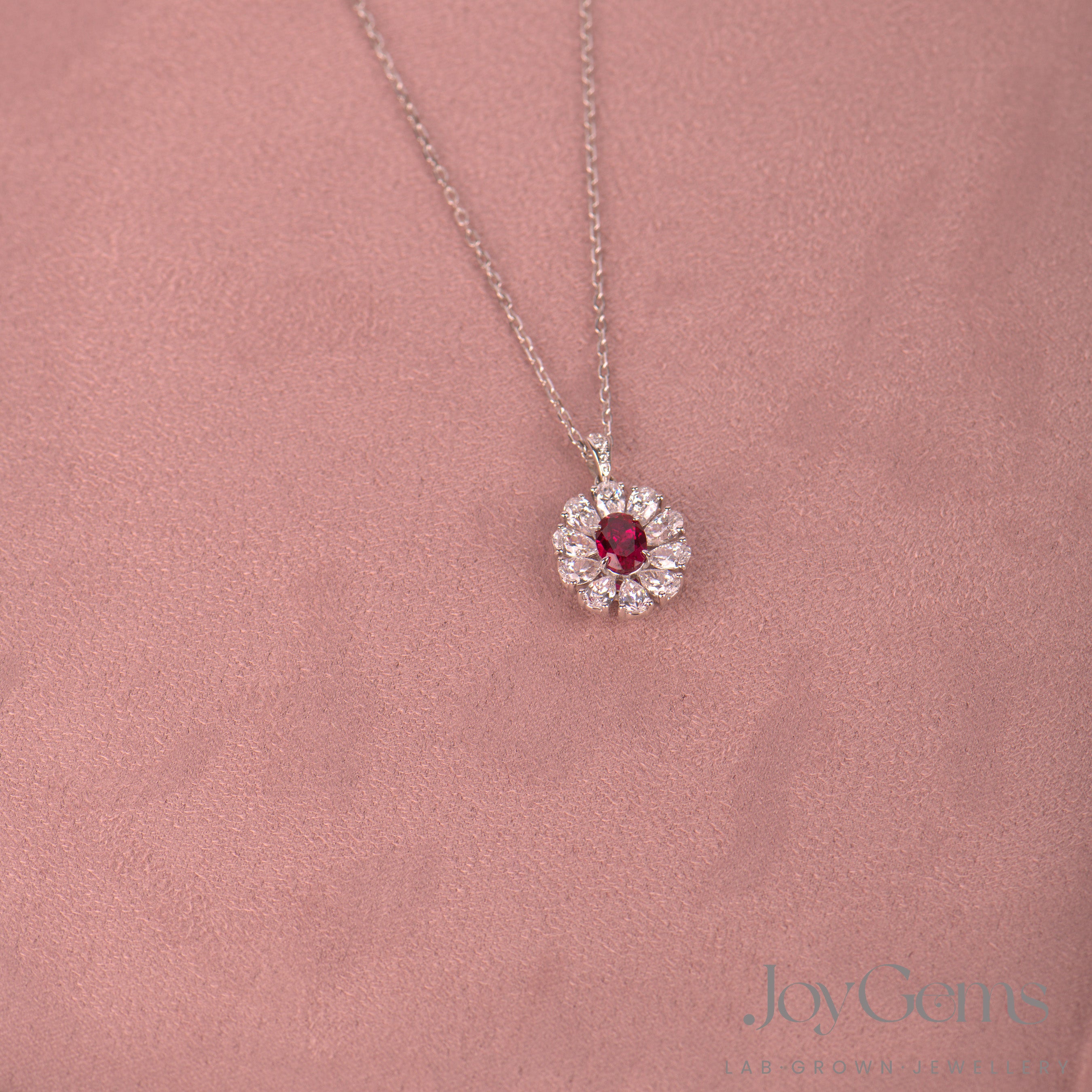 Lab Ruby & Moissanite Sunburst Pendant Necklace | 925 Sterling Silver | 1.02ct Oval Lab-Grown Ruby