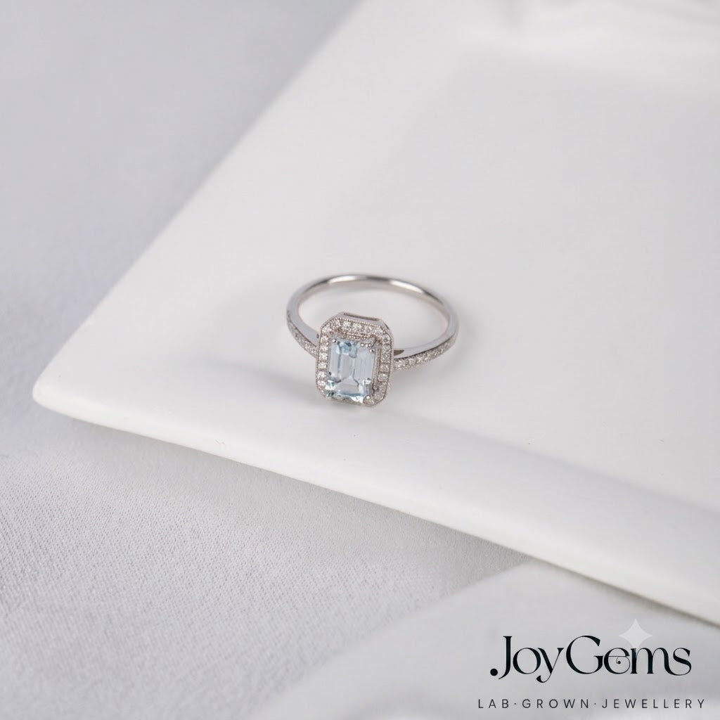 Lab Grown Aquamarine Ring · 1.37ct Emerald Cut · Moissanite Halo · Sterling Silver