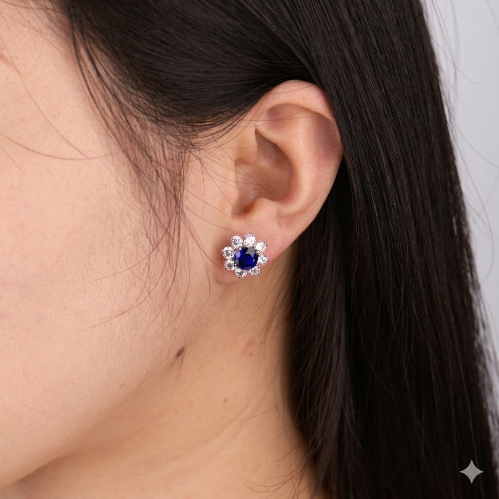 Lab Grown Blue Sapphire Stud Earrings · 3.08ct · Moissanite Halo · Sterling Silver