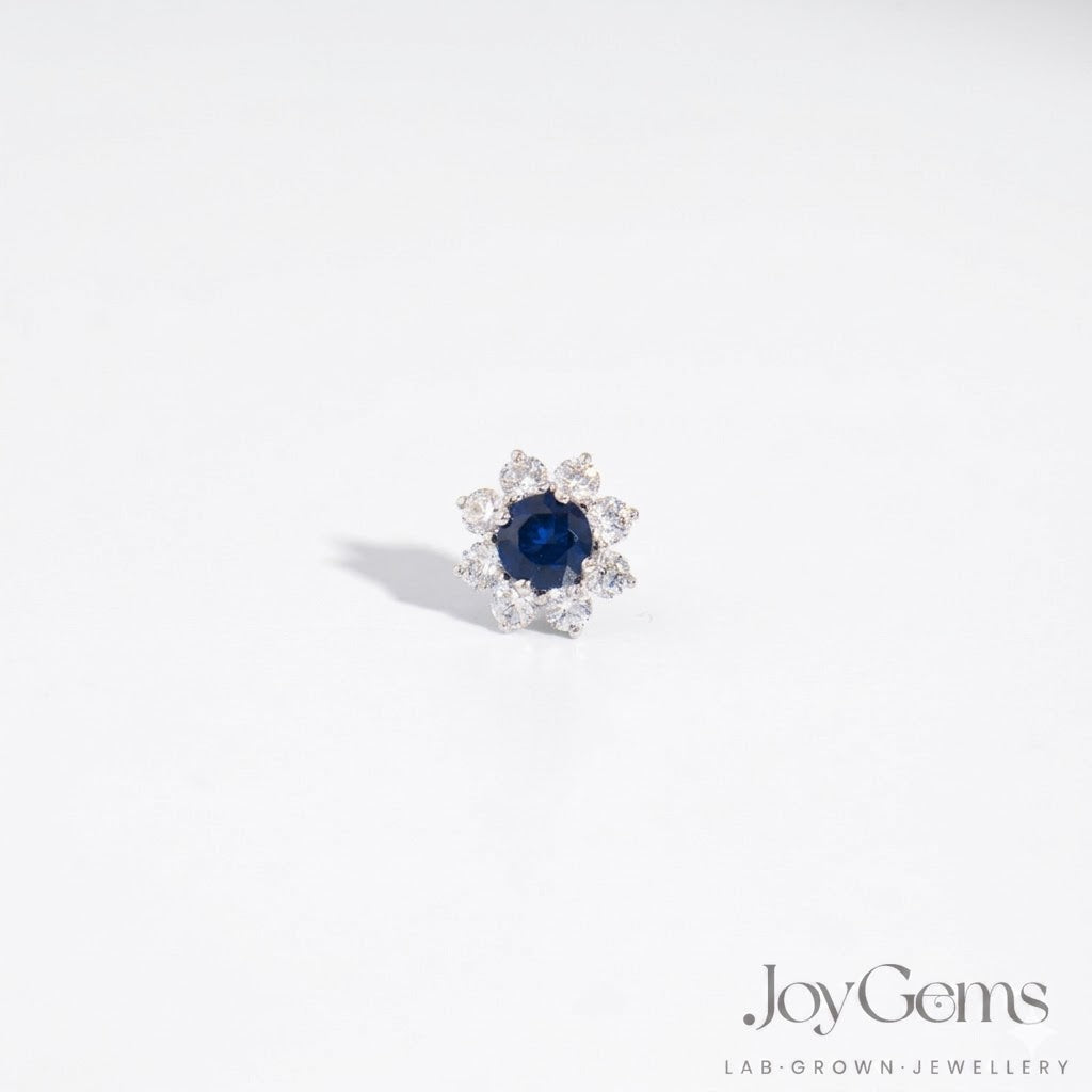 Lab Grown Blue Sapphire Stud Earrings · 3.08ct · Moissanite Halo · Sterling Silver