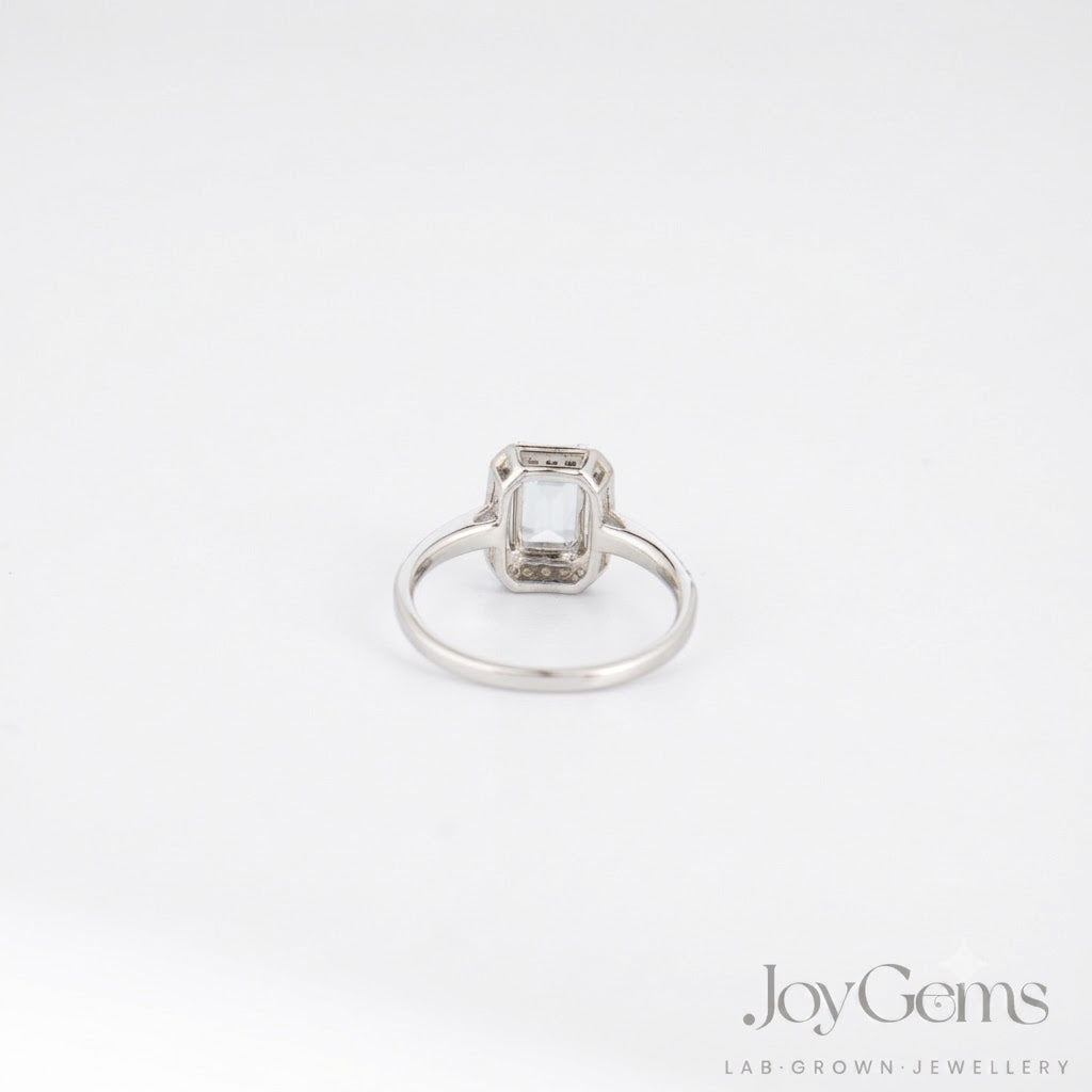 Lab Grown Aquamarine Ring · 1.37ct Emerald Cut · Moissanite Halo · Sterling Silver