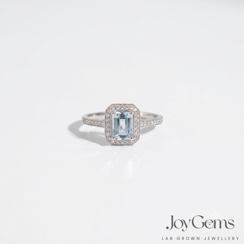 Lab Grown Aquamarine Ring · 1.37ct Emerald Cut · Moissanite Halo · Sterling Silver